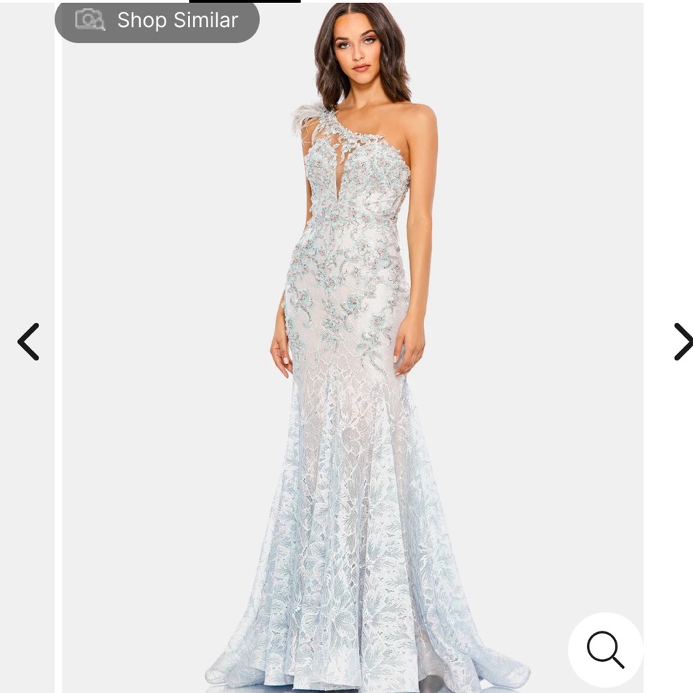 Mac Duggal Embroidered Applique Feathered One Shoulder Gown